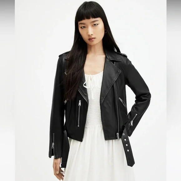 All Saints Black Balfern Belted Hem Leather Biker Jacket Size 2 - Picture 6 of 13